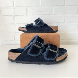 Birkenstock Arizona Shearling Suede Midnight Sandals Womens Size 39